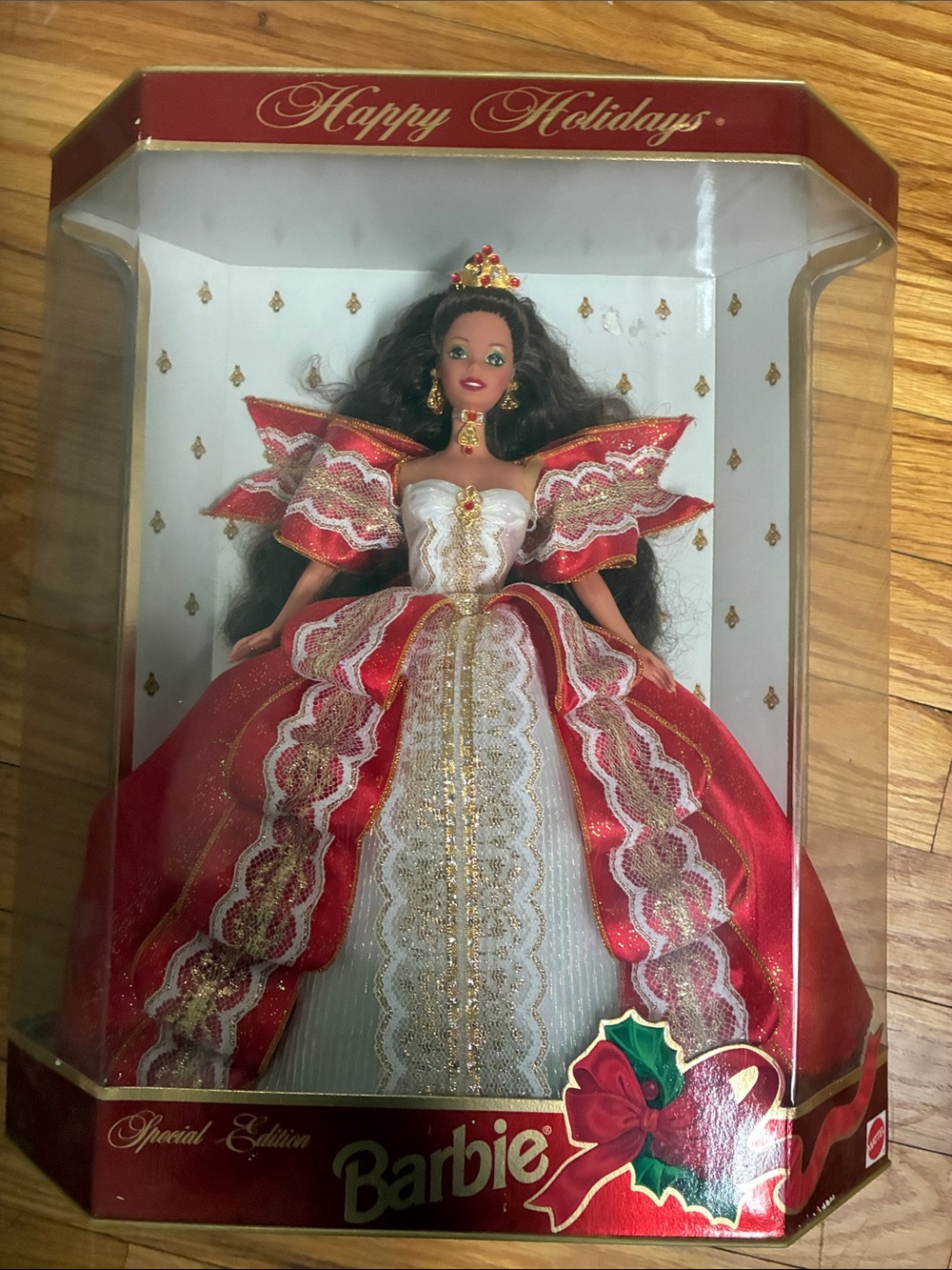1997 Barbie Red & White Holiday Gown with Gold Accents
